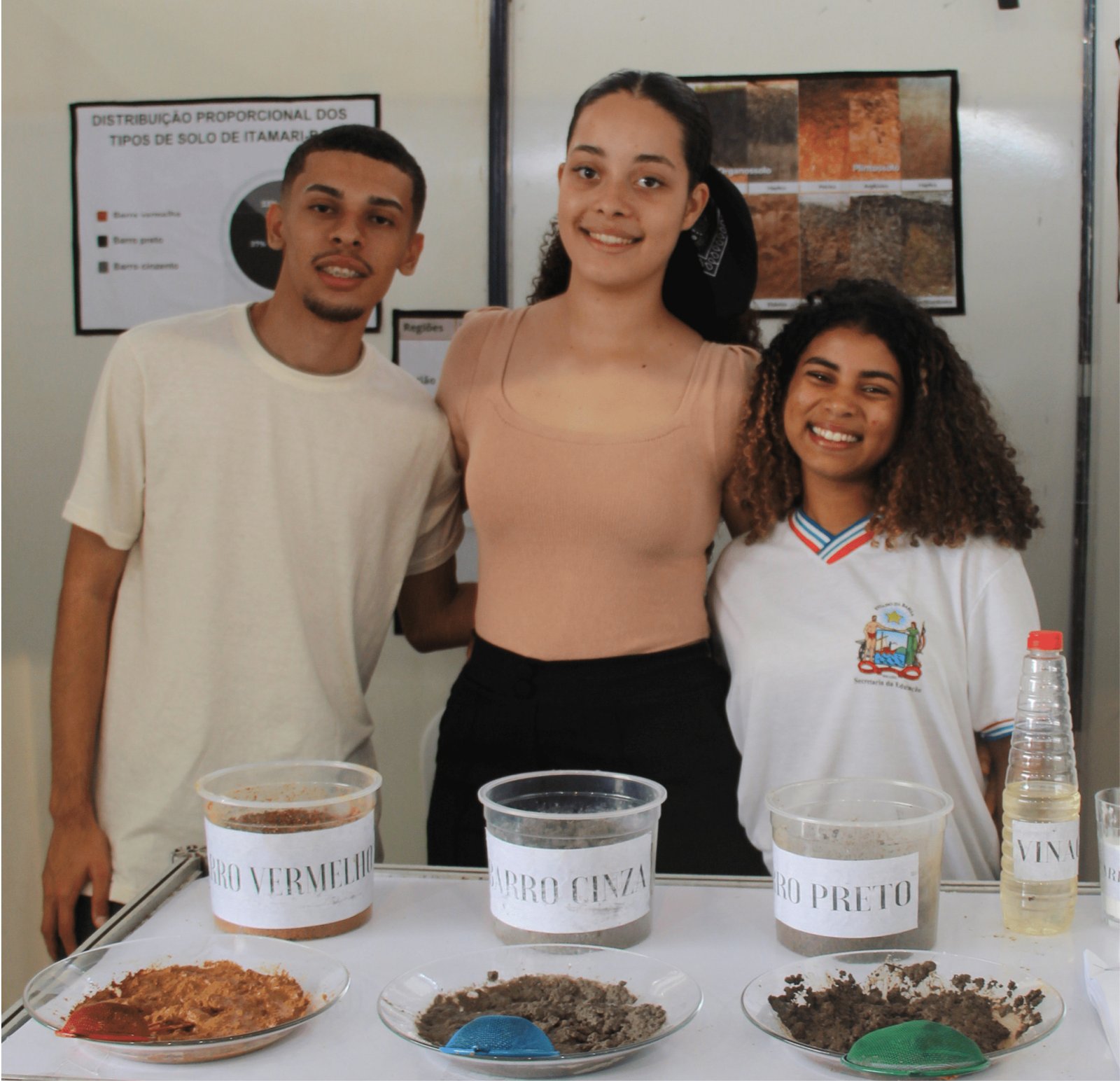 Três estudantes (um rapaz e duas moças) apresentam um projeto sobre geologia. À frente deles, em uma mesa branca, há três pratos de vidro contendo amostras de lama/barro e três potes plásticos com os rótulos: "BARRO VERMELHO", "BARRO CINZA" e "BARRO PRETO". Ao fundo, um cartaz exibe um gráfico de setores e fotos de perfis de solo, com o título "Distribuição proporcional dos tipos de solo de Itamari-BA".