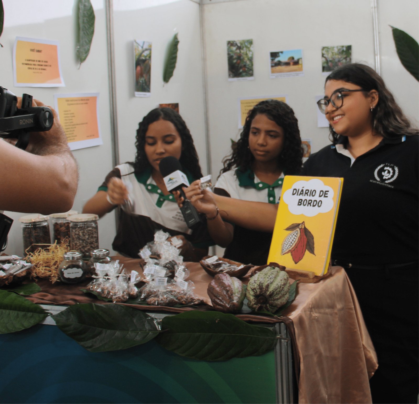 Três estudantes em um estande focado na cultura do cacau. Há frutos de cacau verdes e maduros sobre a mesa, além de potes de vidro com amêndoas e saquinhos com nibs. Uma estudante segura um microfone com a logomarca de uma TV local, sendo entrevistada ou apresentando. Um caderno amarelo com a ilustração de um cacau e o título "DIÁRIO DE BORDO" está em destaque. Folhas secas de cacaueiro decoram a frente da mesa.